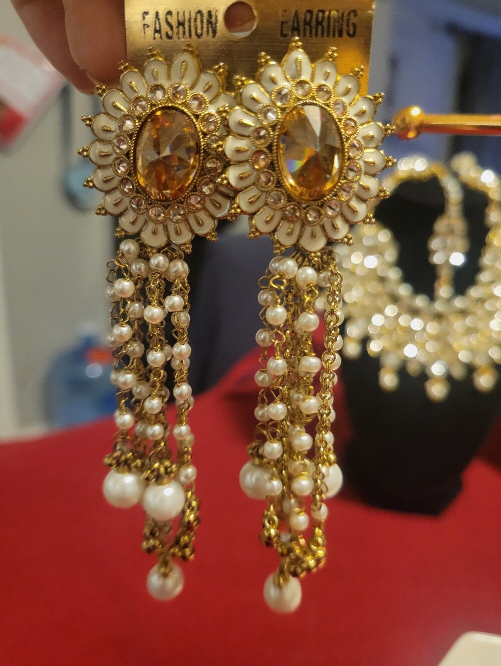 Gold and White Pearl Dangle Earrings with Amber Stone